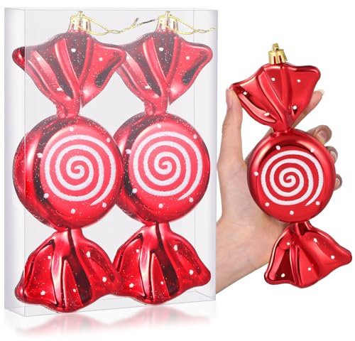 Aoriher 7.6 Large Christmas Candy Cane Ornaments Hanging Glitter Large Christmas Tree Candy Peppermint Ornaments with Golden Ropes for Xmas Party Decorations(Red,2 Pcs)