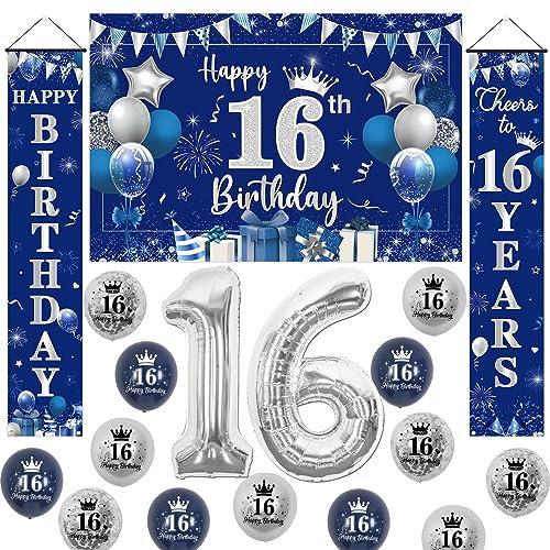 Cheereveal 16th Birthday Decorations Navy Blue and Silver, Happy 16th Birthday Door Banner, 16th Birthday Fabric Backdrop Banner, Number 16 Foil Balloon for Boys Girls, Indoor Outdoor Party Supplies