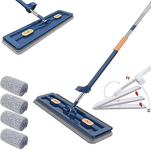 Roseionly Large Flat Mop, Roseionly New Upgrade Style Large Flat Mop, 360° Rotating Magic Self Wringing Flat Mop, Wall Cleaning Mop with Stainless Steel Long Handle for Floors,Corner,Window (Blue)