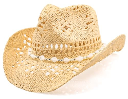 Cowboyhut, Damen Herren Erwachsene Gewebt Stroh Western Cowboy Hut Cowgirl Hat Wild Classic Strohhut für Männer Musikfestival Party Strand Dress Up (DE/NL/SE/PL, Alphanumerisch, M, Beige)