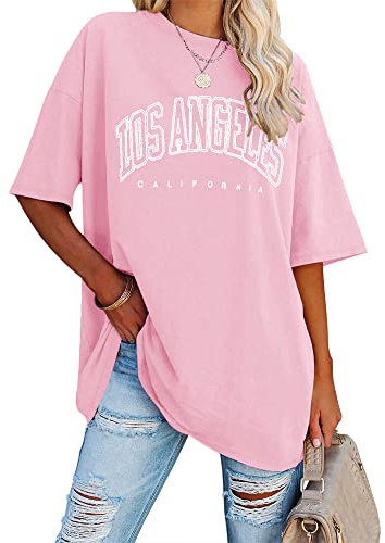 Ebifin Maglietta oversize da donna, a maniche corte, con scollo rotondo, in stile vintage con scritta “Los Angeles”, informale e casual, adatta come capo basic per l’estate, Colore: rosa., XL