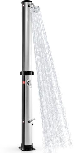 GYMAX 38L Doccia Solare da Esterno, con Soffione Rotante, Doccia a Pedale, Rubinetto per Regolare la Temperatura, per Cortile, Piscina, Giardino, Spiaggia (Argento)
