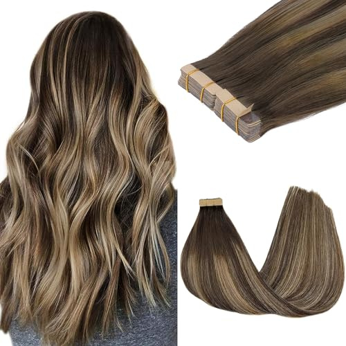 GOO GOO Tape in Hair Extensions human hair, tape Hair Extensions, 24inch 100g 40pcs, Human Hair Extensions, 4/26/4 Chocolate Brown to Honey Blonde