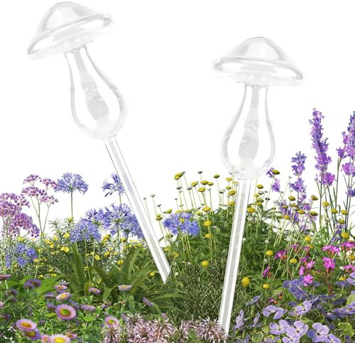 mumisuto 2Pcs Plant Watering Devices, Plant Watering Globes Mushroom Shape, Glass Automatic Plant Waterer Self Watering System Plant Feeder for Vacation Indoor & Outdoor Plants
