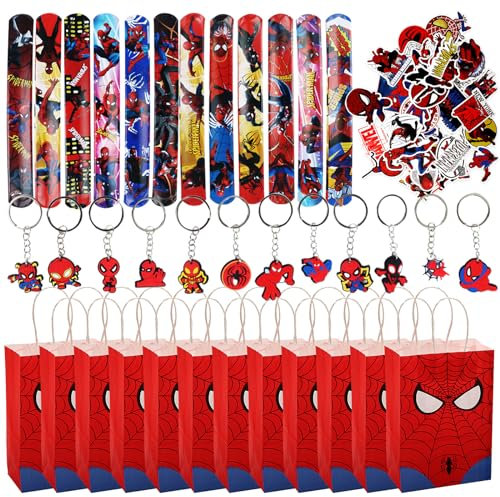 Spiderman Regalo di Compleanno per Bambini, 50 Adesivi Impermeabili, 12 Sacchetti Compleanno Bambini, 12 Braccialetti a Schiaffo, 12 Spider-man Portachiavi, Bomboniere per Feste per Bambini