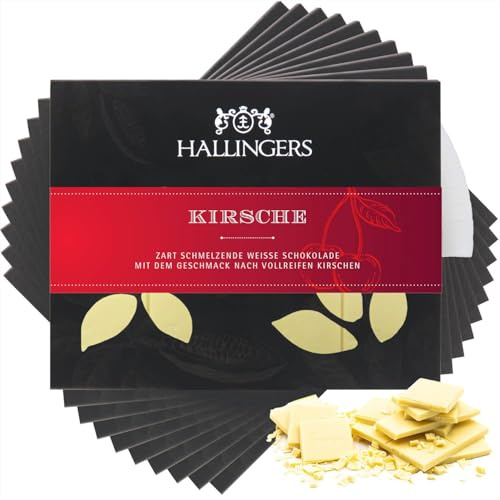 Hallingers Genuss Manufaktur Weiße Schokolade Geschenk - Tafel handgeschöpfter Edelkakao ohne Alkohol edler Karton 10x Kirsche Kirsche, Geschenkidee für Frauen Männer