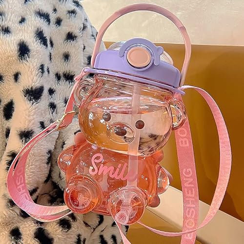Kawaii Bear Shaped Large Water Bottle Teddy Bear Drinking Cups with Straw Bear Drinks Bottle Leak Proof Drinking Bottle with Shoulder Strap (1000ml Purple)