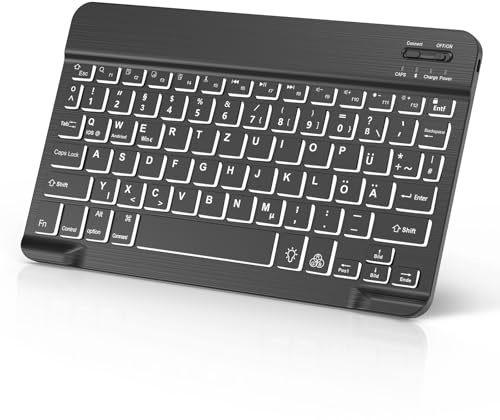 IVEOPPE Ultraflache Bluetooth Tastatur - Kabellose iPad Tastatur für Air/Pro/Mini/10.2/9.7, Deutsches Mini Bluetooth Beleuchtung Tastatu für Android/Samsung, Xiaomi Pad, Lenovo,Huaiwei, Schwarz