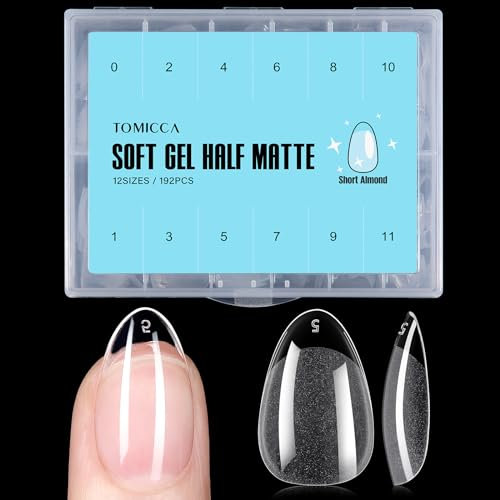TOMICCA Amande Court Capsule Americaine Ongle, 12 Tailles Semi Givré Faux Ongles, Avec Valise De Rangement, Pose Americaine Capsule pour Diy Nail Art 192 Pièces