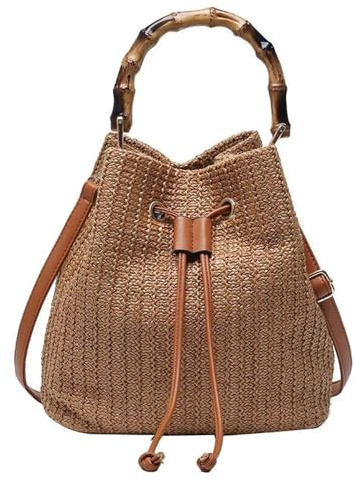 MBACODAI Damen Stroh Eimer Taschen Sommer Strand Schultertaschen Weibliche Casual Handtaschen Geldbörse Kleine Reise Umhängetaschen(Color:Braun)