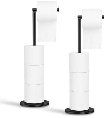 2 Pack Black Toilet Roll Holder Free Standing Toilet Paper Holder Stand, Stainless Steel Rustproof Freestanding Foldable Toilet Tissue Dispenser Holds 4-5 Paper Rolls, Bathroom Storage (2, Black)