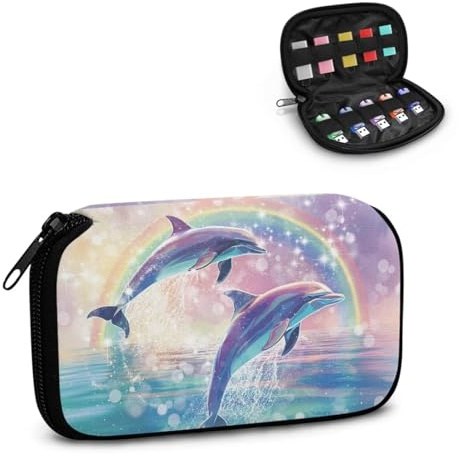 Xoenoiee USB-Flash-Laufwerk-Organizer, Delfin-Regenbogen-Muster, passend für 10 USB-Sticks, Hartschalen-Aufbewahrungsbox, tragbare Box, Reise-Tragetasche