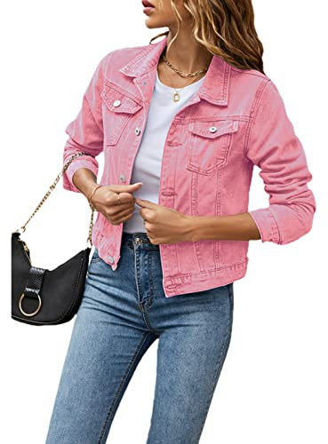 Achlibe Einfarbige Damen-Jeansjacke, lässig, langärmelig, Knopfleiste, Brusttasche, Jeansjacke, rose, L