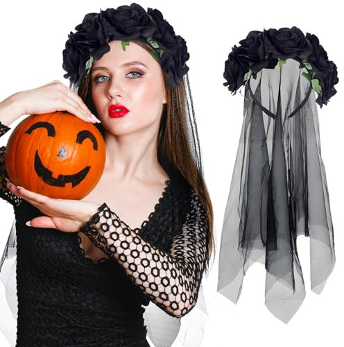FainFun Cerchietto Halloween con Velo, Halloween Giorno dei Morti Velo a Fascia, Halloween Cerchietto con Rose Nere,Fascia per il Giorno dei Morti Per Feste di Halloween, Feste in Maschera