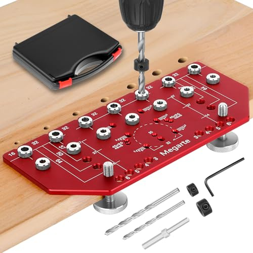 megarte Regalstiftvorrichtung und Scharniervorrichtung, 2-in-1, Aluminiumlegierung, Schrank-Holzbearbeitung, Bohrschablone, Regalstift-Bohrvorrichtung mit 6,35 mm und 5 mm Bohrern, verdeckte