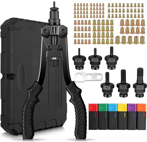 eSynic Kit 12'' Rivettatrice Professionale per Impieghi Gravosi con 125 Dadi Rivetti M3 M4 M5 M6 M8 M10, Pinza Pistola Manuale a Rivetti 6 Mandrini con Valigetta per Riparazione Auto Mobili - Nero
