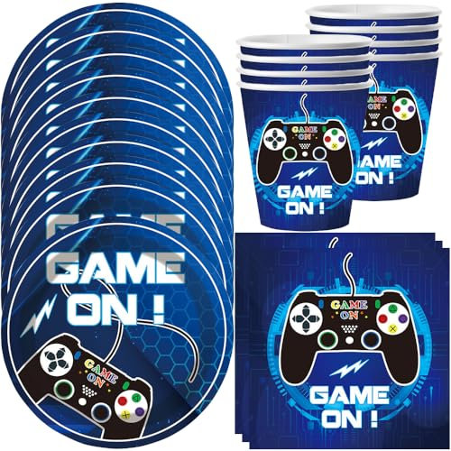 YGCHEN Vaisselle de Fête Jeu Vidéo Anniversaire Décorations Game Vaisselle Garcon Fournitures de Jeux Vidéo Vaisselle Jetable Set Anniversaire Contrôleur Assiettes Gobelets Serviettes 10 Invités (Bleu