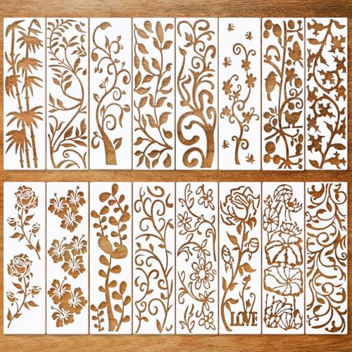 JSRQT 16 Stück Ranke Blumen Schablonen, Rand Blatt Schablonen Vorlagen,Punkt Malerei Malschablonen Vorlage für Holz, Boden, Möbel,Kuchen,Wandgestaltung Deko 11 x 3”