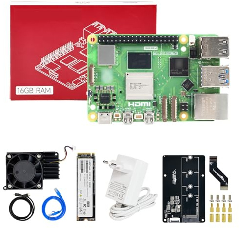 Yahboom RPi5 Developer Kit 16GB + PD Power Adapter+Pi 5 Case Active Cooling | PCIe M.2 SSD+256G SSD ROS2 System Ubuntu20.04 Suitable for AI Programming Python (16GB-PCIe M.2 SSD Kit)