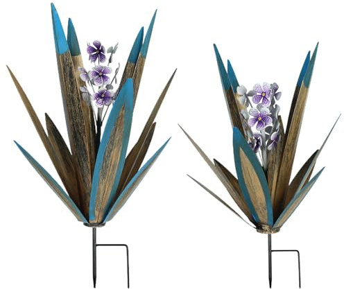 2pcs plantas de agave de metal decoración al aire libre 19 ＆ 16 en jardín metal agave solar 7 colores iluminados automáticamente escultura de planta de agave de metal con apuestas decoración de céspe