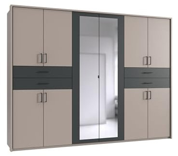 möbelando Drehtürenschrank >Taiga< Saharagrau mit Graphit-Absetzungen – 270 cm, 10 Türen, 4 Schubladen, 2 Spiegel, Made in Germany, ideal für das Moderne Schlafzimmer, 270x208x58cm (BxHxT)