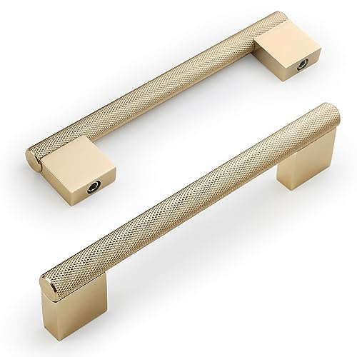 Amerdeco 10 Stück Gerändelte Schrankgriffe Gold, 128mm Lochabstand, Türgriffe für Küche, Schubladen und Kommode