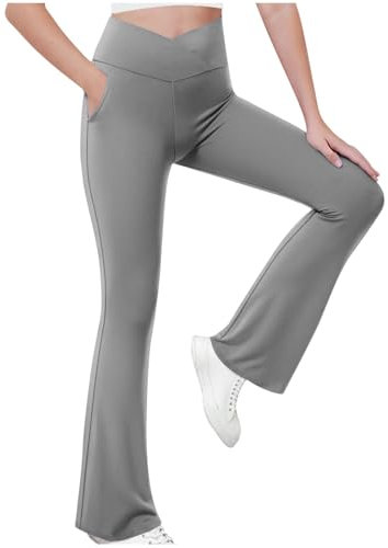 KODMNSW Sporthose Mädchen Leggings Schlaghose Yogahose Flared Leggings Schlag Hosen mit Taschen Sportleggings Freizeit Laufhose für Teenager Mädchen 5-15 Jahre Grau 15 Jahre