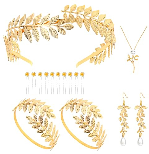 Horolam Griechische Göttin Kostüm Schmuck, Griechische Göttin Zubehör Set Mit Greek Gold Leaf Headband Goddess Crown Lorbeerkranz Haarreif Oberarmreif Für Frauen Für Karneval Party