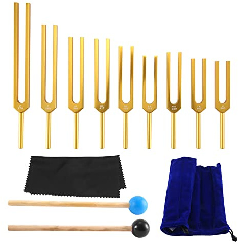 Bortivier Tuning Fork Set - 9 Tuning Forks for Healing Chakra,Sound Therapy,Keep Body,Mind and Spirit in Perfect Harmony- Gold