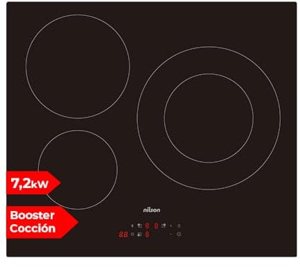 Nilson Placa de Inducción Cristal negro NI3600. Potencia máx. 7200 W, 3 Zonas de Cocción, 9 Niveles de Cocción, Control Táctil, Función Turbo, Bloqueo, Autodesconexión Seguridad, Diámetros 16-21-29 cm