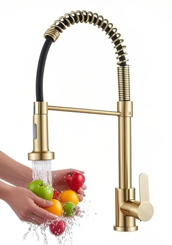 ImiiHO Grifo de cocina extraíble 022, acabado dorado, diseño de resorte, acero inoxidable 304