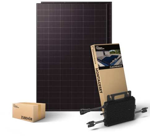Kleines Kraftwerk 1000W Balkonkraftwerk XL Flachdach-Halterung – 800W Wechselrichter mit WiFi & Bluetooth, 2×500W bifaziale Solarmodule, 10 m Kabel – Solaranlage Komplettset
