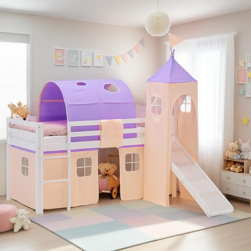 Homestyle4u Hochbett mit Rutsche 90x200 - Kinderbett mit Turm & Tunnel | Massivholz Kiefer Weiß - Inklusive Vorhang in Lila Beige - Stabiles Kinderhochbett mit Absturzsicherung - 90x200 cm