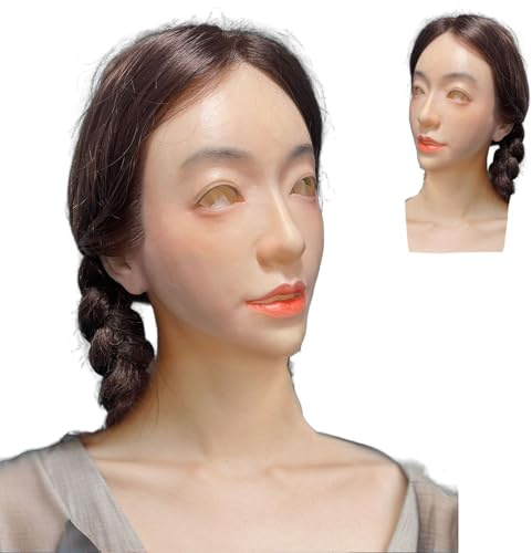 buyzg Maschera realistica in silicone per la testa femminile con parrucche, realizzata a mano, per Halloween, per travestiti, transgender e cosplay.