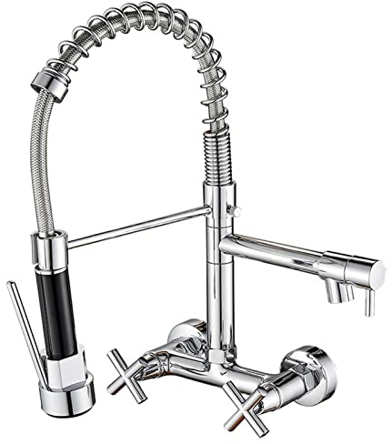 Robinet de Cuisine Mural, Robinet de Cuisine avec douchette extractible, Robinet d'évier de Cuisine à Deux poignées, mitigeur de Cuisine, Bec pivotant à 360 degrés, Noir (Chrome)