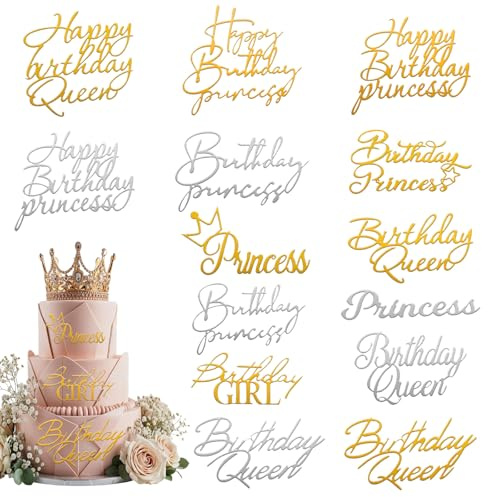 14 Stück Happy Birthday Tortenaufsatz, Queen Cupcake Topper Acryl | Tortendeko Geburtstag Tortenaufsätze zum Geburtstag Kuchendekoration Cake Topper