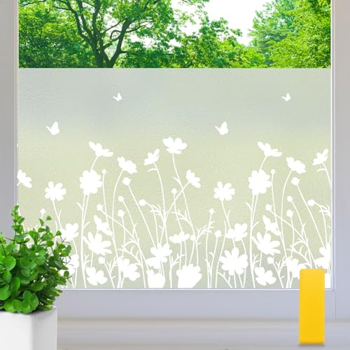 Aurathon Fensterfolie Blickdicht Sichtschutzfolie Fenster Milchglasfolie Blumenmuster mit Montagematerial Effektiver Sichtschutz Anti-UV Statische für Schlafzimmer, Büro, Badezimmer 44.5 x 120 cm