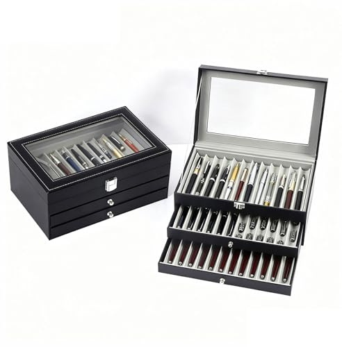 36 Slots Fountain Pen Display Case, 3 Tier Pen Storage Organizer with Transparent Glass Lid & Velvet Lining, Fountain Pen Cabinet Display for Storing Pens, , Gifts for Women and Men