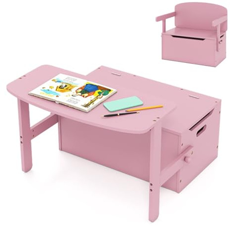 GYMAX 3 in 1 Kids Storage Bench, Convertible Toy Storage Box with Safety Hinge, Wooden Children Table and Chair Set for Playroom Bedroom (Pink)