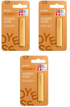 OYESS Lippenbalsam Honey 3er Set – (3×4,8g) Bio Lippenpflege mit Honig, Jojoba & Shea, natürliche Feuchtigkeit für trockene und spröde Lippen