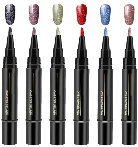 6PCS Glitter Gel Nail Polish Pen 3 In 1 Nail Varnish Pen Quick Dry | No Base Coat Needed, 6 Vibrant Colors Perfect for DIY And Salon Manicures(UV Lamp Required)