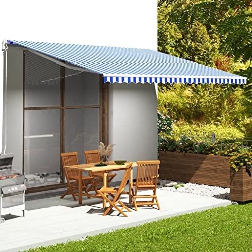 Markisentuch Markisenbespannung Zeltstoffe Sonnenschutz Ersatzstoffe Markisenstoffen mit Volant, ohne Rahmen, Wasserabweisend, Blau und Weiß 5x3,5 m