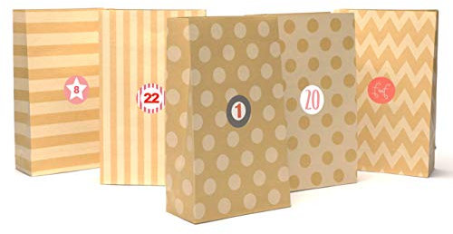 Plantvibes 24 hochwertige Geschenktüten mit Aufklebern aus Kraftpapier, Papiertüten Bunt, ideale Tüte für DIY Adventskalender oder Weihnachtsgeschenke, Geschenktüte