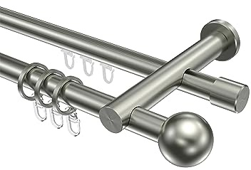 Interdeco Gardinenstangen mit Rundrohr und Innenlauf Edelstahl Optik 20 mm Ø zweiläufig Platon Luino, 100 cm