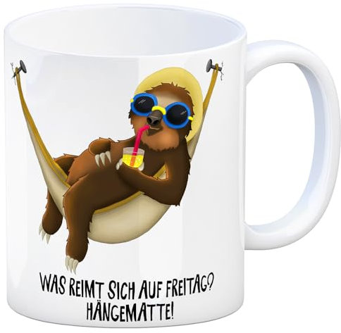 trendaffe Kaffeebecher mit Faultier in Hängematte Motiv und Spruch: Was reimt sich auf Freitag - Hängematte