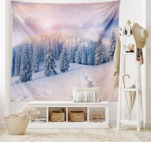 ABAKUHAUS Wald Wandteppich Winterlandschafts Fotographie Alpen Wintersport Resort Ausblick Tannenbäumeaus Weiches Mikrofaser Stoff 150 x 110 cm Wand Dekoration Für Schlafzimmer Blasses, Rosa und Weiß