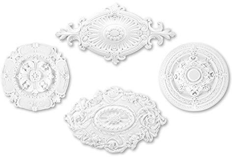 Grand Decor Stuckrosette aus PU hartschaum - Deckenrosette weiß, Zierelement, Stuck (R119, 75x50cm) Wanddeko Wohnzimmer Decke Polyurethane Oval