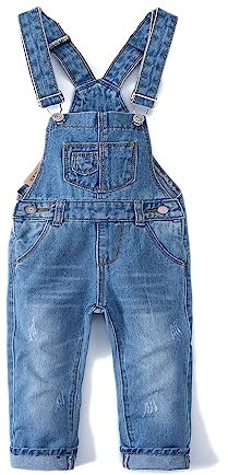 KIDSCOOL SPACE Salopette di Jeans da Bambina,Pantaloni Slim Carini in Denim Srappato da Bambino,Azzurro,9-12 Mesi
