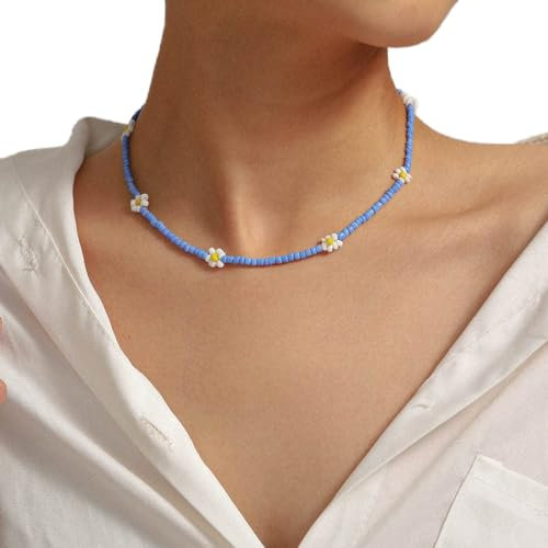 Prosy Bohemian Bunte Perlen Daisy Choker Halskette Seed Bead Kurze Sonnenblume Halsketten Glas Baumeln Kragen Hawaii Strand Schmuck für Frauen und Mädchen (Blau 2)