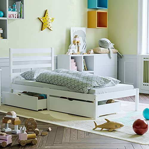Junior Vida Libra Wooden Bed Frame 3ft Single & Under bed Drawer Storage Children Kids (White)